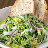 Snappy Peas & Greens · romaine, pea shoots, marinated fennel, red onions, basil, toasted walnuts & all-natural lemo...