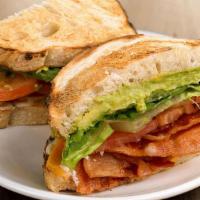 Blt+ · bacon, lettuce, tomatoes, cheddar, avocado, herb mayo on toasted sourdough & served with a s...