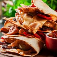 Chorizo Quesadilla · Highly seasoned pork quesadilla with savory melted cheese, refried beans, onions, and cilant...