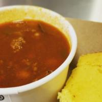 Chili & Cornbread · Gluten-Free. Ground chuck with mayocoba beans, tomatoes, onions, three kinds of bell peppers...