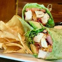Alpine Chicken Wrap · Chilled, roasted chicken with chipotle ranch, cheddar, avocado, bacon, lettuce, tomato & oni...