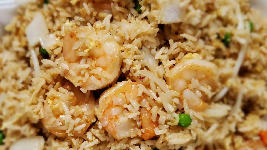 Shrimp Fried Rice · Fried rice with peas, carrots, onions, beansprouts, eggs, and shrimp