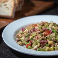 Chicken Chopped  Side Salad · Romaine lettuce , roasted  chicken, salami, red onions, tomatoes, cucumbers, garbanzo beans ...