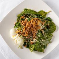 Spinaci Salad Entree · Spinach, warmed balsamic dressing with pancetta & mushrooms, topped with fried shallots, pin...