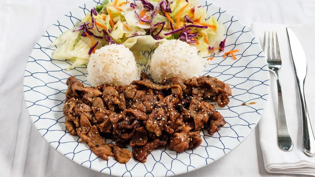 Pork Teriyaki · + spicy available
Comes with White Rice and Salad.
Substitute for Brown Rice, please add $2.00 or Fried Rice add $4.00.