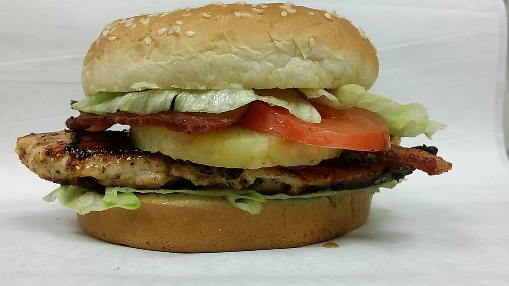 Hawaiian Grilled Chicken Sandwich Only · Lettuce, tomatoes, mayo sauce, pineapple, & bacon.