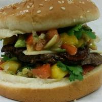Spicy Mango Bacon Burger Only · Pepper jack cheese, bacon, pico de gallo, and special house chipolet dressing