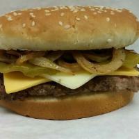 Mexican Burger Only · Grilled onions, green chiles, mayo, monterey Jack & American cheese.
