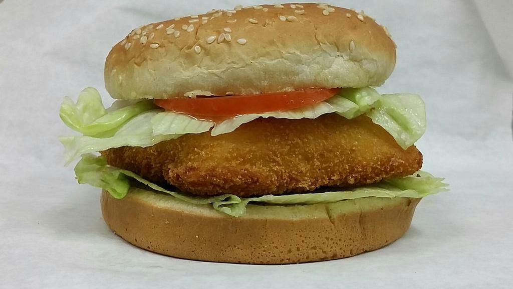 Fried Fish Sandwich  With Fries & Soda · Lettuce, tomatoes & tartar sauce.