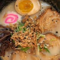 Tonkotsu Shio Ramen · Sea salt soup base with pork bone broth, seared cha-shu pork belly, bamboo, half seasoned eg...