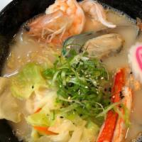 Seafood Ramen · Sea salt soup base with pork bone broth, squid, shrimp,mussel, crabmeat, fish cake, cabbage,...