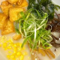 Vegetarian Ramen · Miso flavor soup base with soy milk broth, fried tofu, bamboo, sweet corn, nori, wakame, bla...