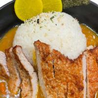 D14  Curry Pork Chop Don · Fried pork chop , takuan, nori with Japanese style curry with top of black sesame and white ...