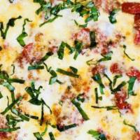 Margherita Pizza (830 Cal) · olive oil, chunky tomato sauce, mozzarella, fresh mozzarella, parmesan, fresh basil