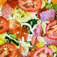 Fired Italian Salad (530 Cal) · mixed greens, mozzarella, salami, capicola, pepperoni, pepperoncini, tomato, italian dressing