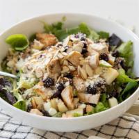 Grains And Greens · Mixed greens, wild rice, chicken, toasted almonds, craisins, apples, avocado, goat cheese, h...