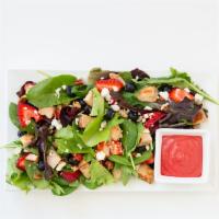Summer Berry Salad · Mixed greens with chicken, strawberries, blueberries, feta cheese, candied pecans, and house...
