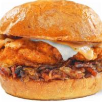 The Rancher · Rancher-Crispy Chicken, Bacon Red Onion Jam, White Cheddar and Bird-B-Q Sauce