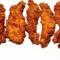 5 Piece Chicken Tenders · Five hand-battered crispy chicken tenders with 2 free 2oz dipping sauces.