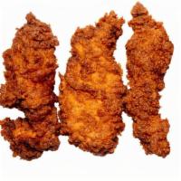 3 Piece Chicken Tenders · Three hand-battered crispy chicken strips with a free 2oz dipping sauce.