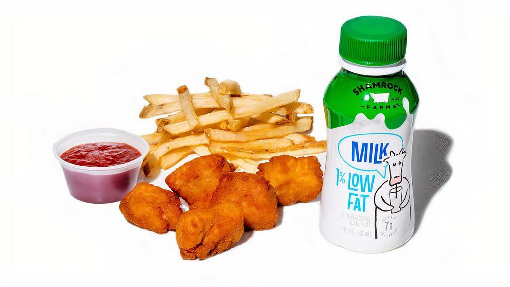 Kid'S Meal Nuggets · 5 piece gluten free & dairy free nuggets, side of fries, tots or seasonal fruit and a beverage.