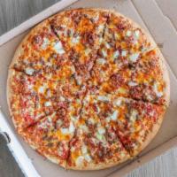 Bacon Ched Burger Pizza · Our Bacon Ched Burger is topped with Bacon, Beef, Cheddar, Onions.
