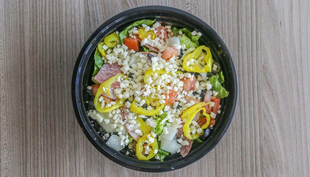 Anti-Pasto Salad · Ham, salami, mozzarella, tomato, onion, black olive, and banana peppers. Includes romaine lettuce, croutons, and a dressing of your choice.