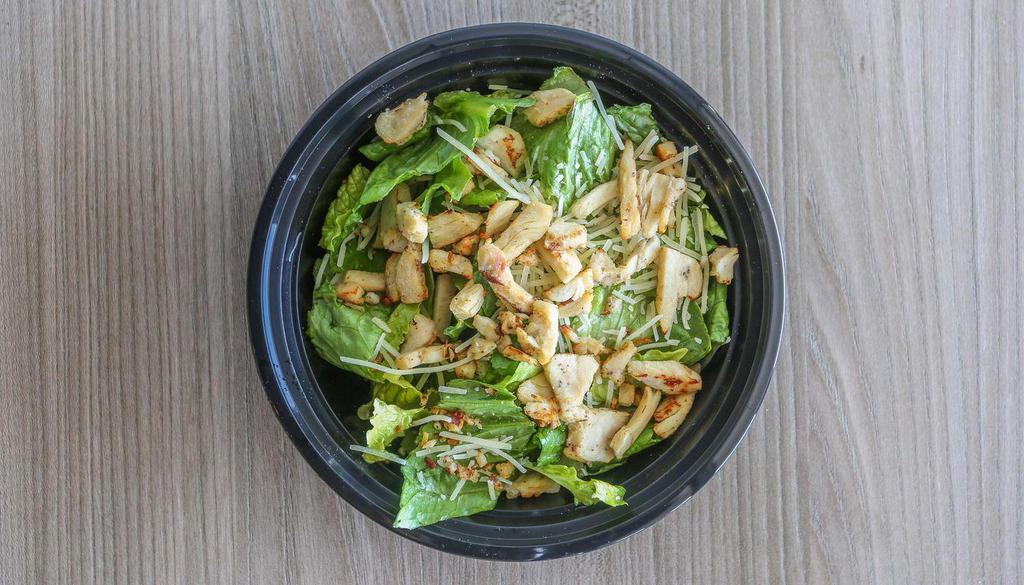 Chicken Caesar Salad · Grilled chicken and asiago cheese. Includes romaine lettuce, croutons, and a dressing of your choice.