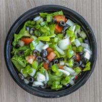 Garden Salad · Cucumber, tomato, onion, bell peppers, and black olive. Includes romaine lettuce, crountons,...