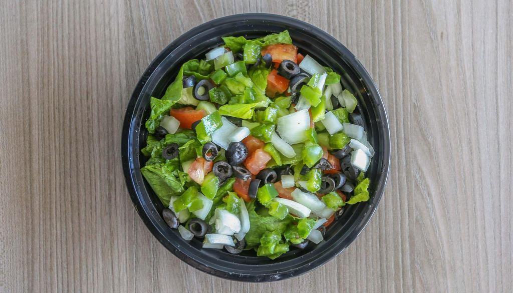 Garden Salad · Cucumber, tomato, onion, bell peppers, and black olive. Includes romaine lettuce, crountons, and a dressing of your choice.