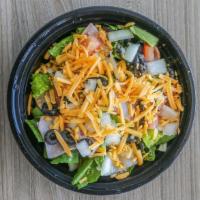 Chef Salad · Ham, Cheddar, tomato, onion, and black olive. Includes romaine lettuce, crountons, and a dre...
