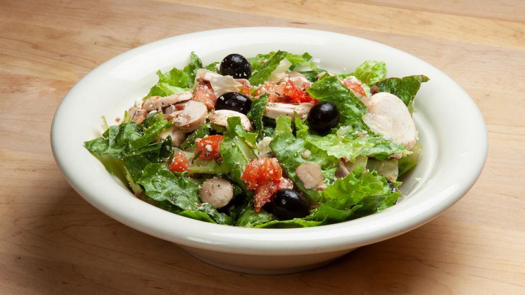 Malnati Salad · Romaine lettuce, tomatoes, black olives, mushrooms, Volpi salami bits and gorgonzola cheese with our Sweet Vinaigrette and romano cheese.