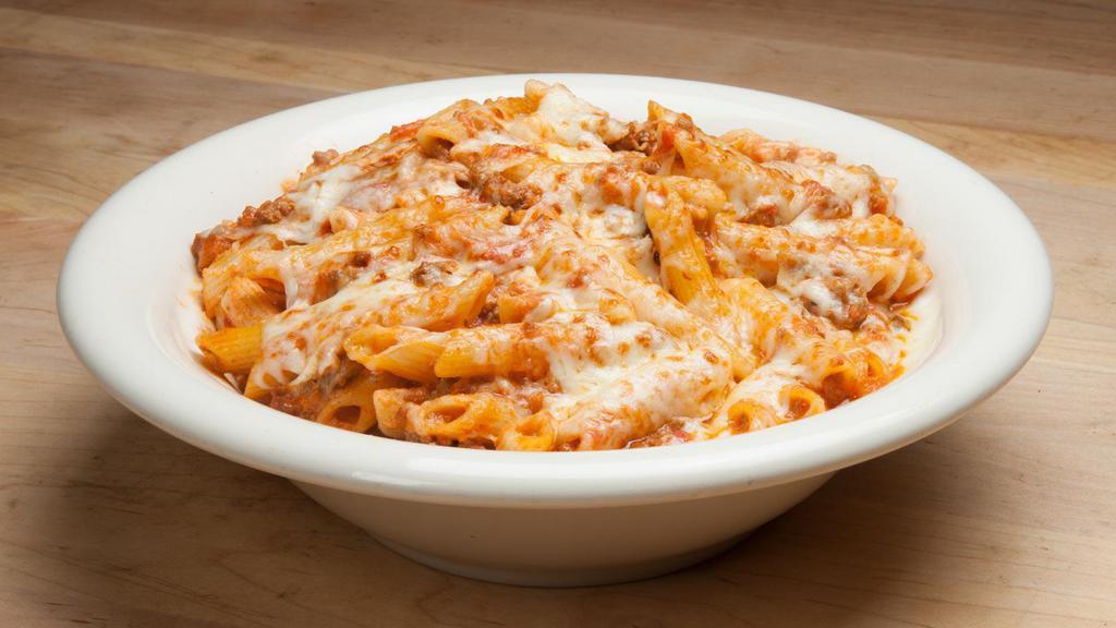 Penne Ala Malnati · Cream and Romano cheese folded into our meat sauce topped with baked mozzarella