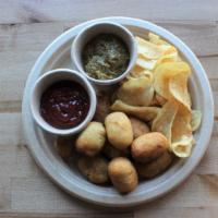 Corn Dogs · Mini corn dogs with chips and dipping sauce