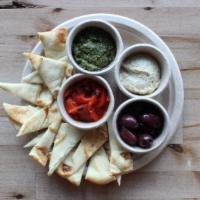 Snack Platter · Naan bread, hummus, kalamata olives, pesto, roasted peppers