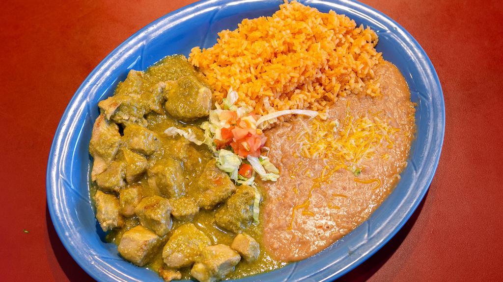 Chile Verde · Chunks of pork cooked tenderly in its own juice with a light tomatillo sauce and seasoned with our own spices.