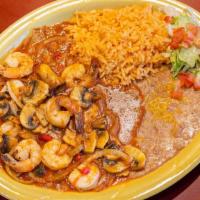 Camarones A La Diabla · Hot and spicy! Prawns, mushrooms and onions sautéed in butter and spices.