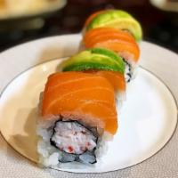 Oregon Roll · Raw fish.Crab salad and cucumber topped with salmon and avocado.