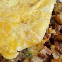 Rocky Scramble* · 2 scrambled eggs with (chopped sausage, ham, bacon) ~ bell peppers ~ onions ~ swiss cheese ~...