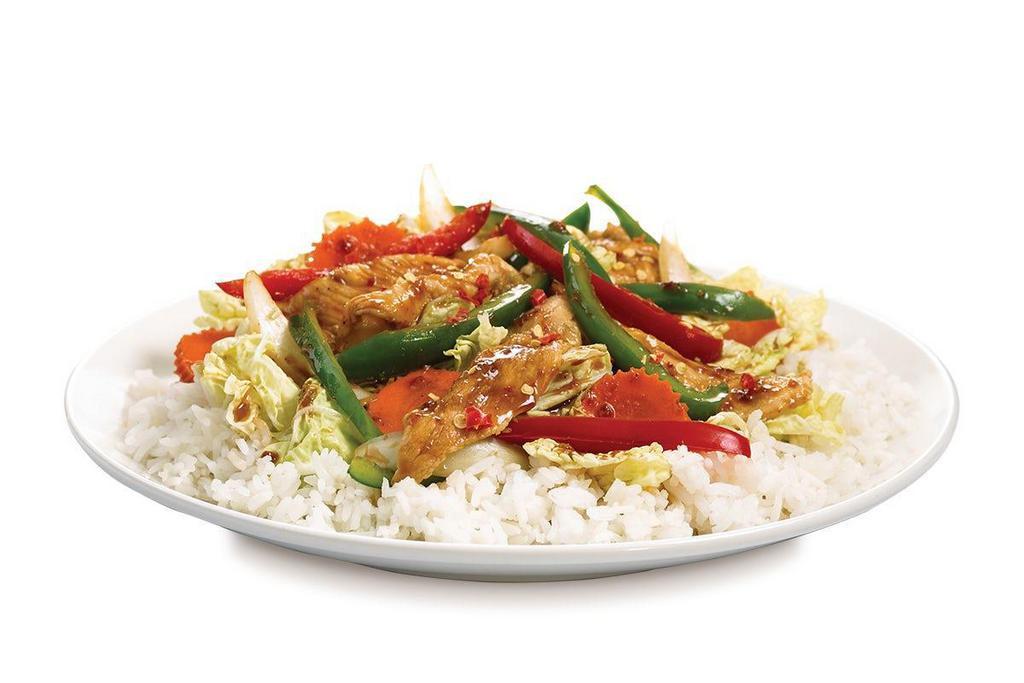 Chili Paste Stir Fry · Fresh napa cabbage, carrots, bell pepper and onions wok-tossed in our signature stir-fry sauce with chili paste served on steamed rice or crisp lettuce with your choice of Shrimp, Beef, Chicken, Vegetables or Tofu.