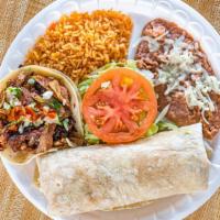 Burrito & Taco Combo · Burrito with choice of meat rice beans onions and hot sauce with a side taco and rice and be...