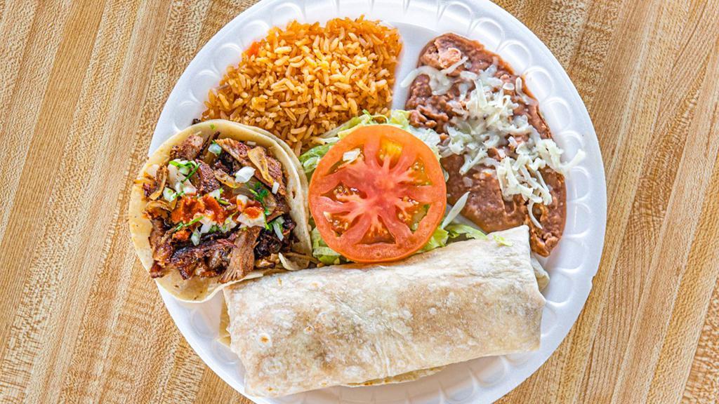 Burrito & Taco Combo · Burrito with choice of meat rice beans onions and hot sauce with a side taco and rice and beans.