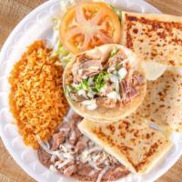 Quesadilla & Taco Combo · Cheese quesadilla and a soft taco served with rice and beans and salad.