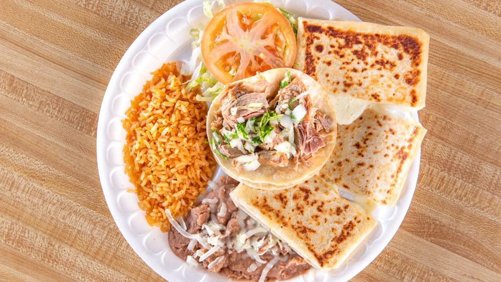 Quesadilla & Taco Combo · Cheese quesadilla and a soft taco served with rice and beans and salad.