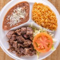 Dinner Plate Combo · Choice of meat served with rice, beans, salad, and tortillas.