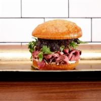 Roast Beef Sandwich · Porcini Rubbed Roast Beef, Havarti, Mushroom-Onion Jam, Horseradish Aioli, Arugula.