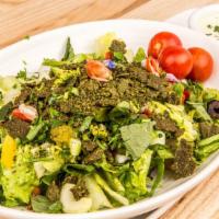 Falafel Salad · Vegan. Raw. Deep leafy greens, topped with avocado, tomato, bell pepper, cucumber, celery, r...