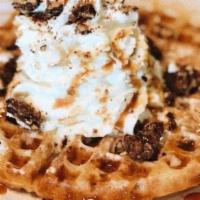 Butter Pecan Waffle · Melted butter, freshly roasted pecans, caramel ribbons & whipped cream