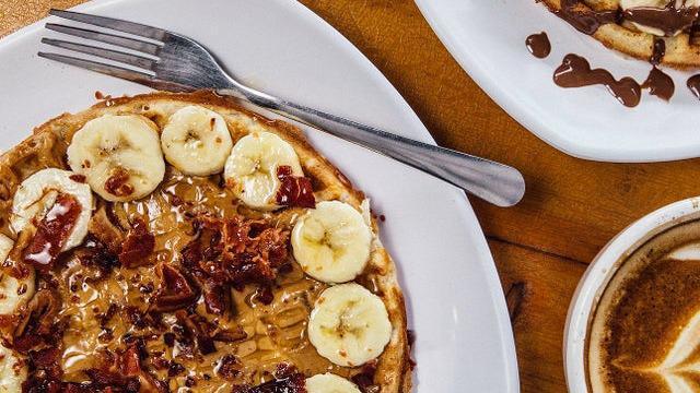 Viva Las Elvis · Melted peanut Butter, banana, bacon and honey over a hot waffle.