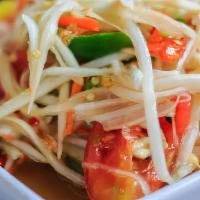 Papaya Salad (Som-Tum) · Green papaya, tomato, string beans in thai chili-garlic and lime dressing (Bangkok or countr...